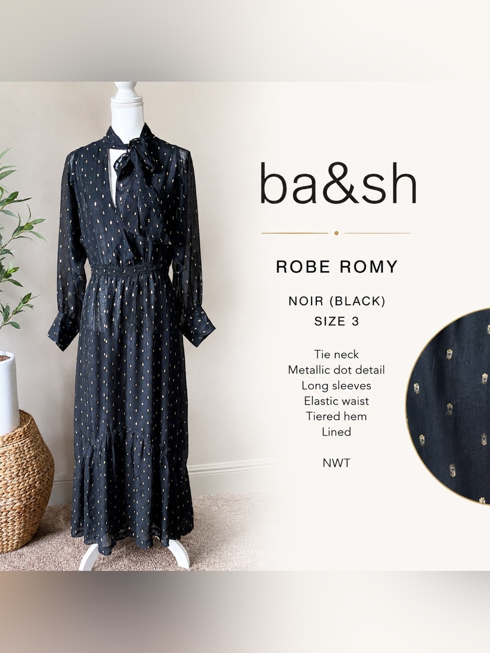 ba&sh Robe Romy Black Gold Metallic Tie Neck Midi Dress NWT Size 3